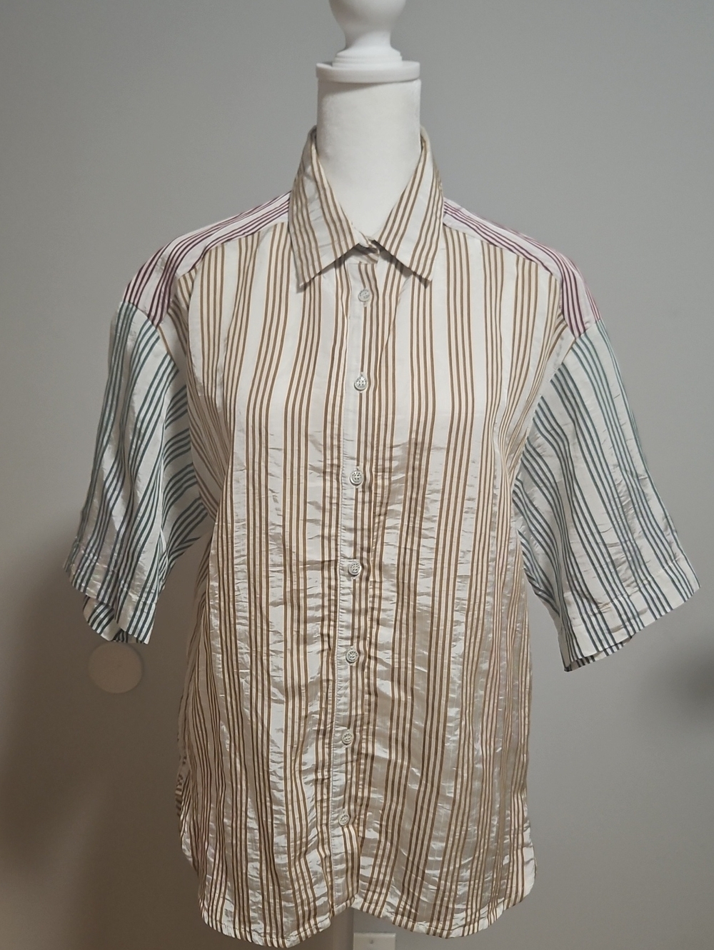 Sandro Multi-Stripe Short-Sleeve Button-Down Shirt - Cream, Brown & Blue. Size 1